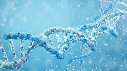 3D render of DNA double helix with glowing particles. Biotechnology and scientific concept for genetic research and molecular science