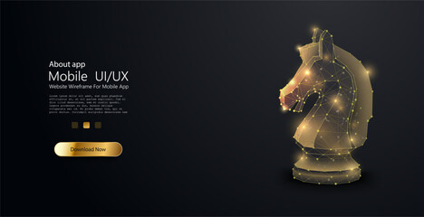 Low poly of the CHESS HORSE with a golden dust effect. Digital Chess Horse in Luminous Network. A digital chess knight emerges in a constellation of connectivity, symbolizing strategic thought. © ZinetroN