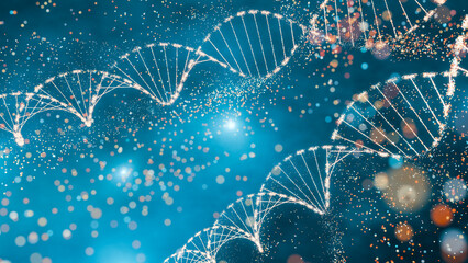 3D illustration of a DNA molecule with sparkling effects symbolizing complexity and genetic diversity. Futuristic concept of genomics, precision medicine, and computational life sciences.