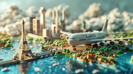 Miniature Model Plane on World Tour Passing Iconic Landmarks and Continents in a Crafted D Scene