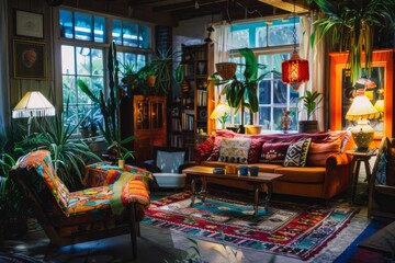 Cozy bohemian living room with eclectic decor and lush indoor plants