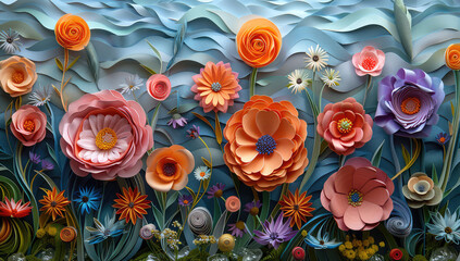 A large wall mural of flowers in the style of quilling, made from egg cartons. Created with Ai - obrazy, fototapety, plakaty