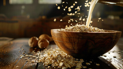 Milk is poured into oatmeal in a wooden bowl. Aesthetic rustic breakfast concept. Green eco...