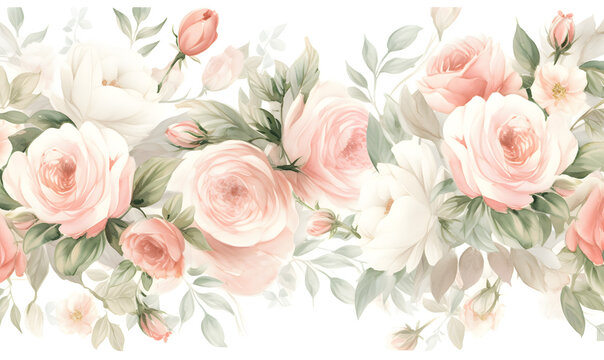 White and pink roses pattern, watercolor, Generative AI 