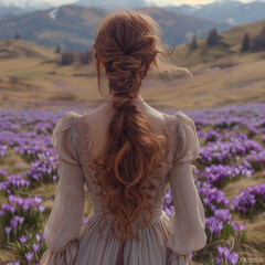 photo of a girl with long blond hair on the background of mountain nature, back view, spring mountain landscape with crocuses and snowy mountains, 