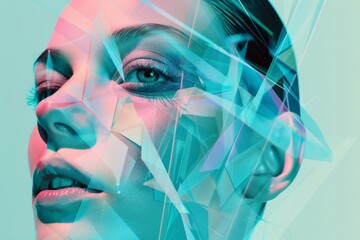 Digital art portrait of a woman with futuristic geometric patterns in turquoise and pink hues