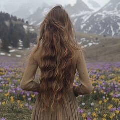 photo of a girl with long blond hair on the background of mountain nature, back view, spring mountain landscape with crocuses and snowy mountains,