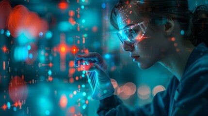 Female robotic lab technician analyzing glowing circuits in a modern lab