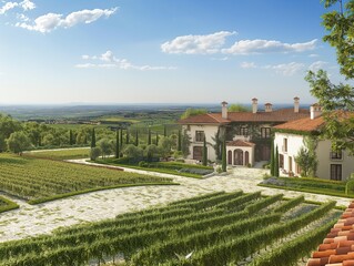 Fototapeta premium A large house with a vineyard in the background. The house is surrounded by a lush green garden and has a white roof. The vineyard is full of grape vines and the house is situated on a hill
