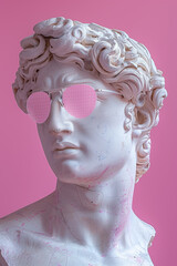 Statue on a pink background. Gypsum statue of David head. Man. Creative. Plaster statue of David head in pixel glasses. Minimal concept art 
