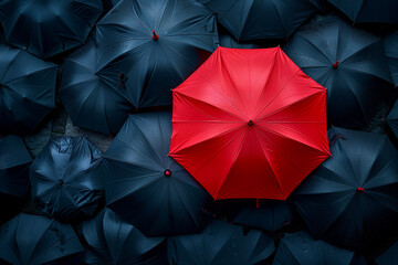 Red umbrella on a background of black umbrellas, top view