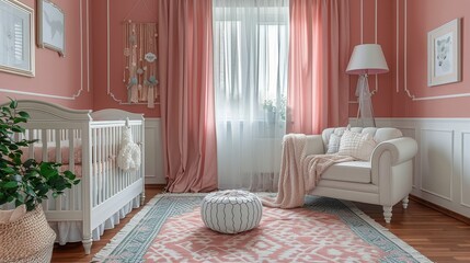 Babys Room With Pink Walls and White Crib - obrazy, fototapety, plakaty