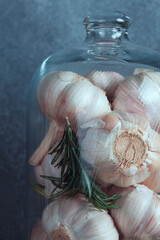 Close-Up of Garlic in Glass Cloche with Rosemary. A close-up view of garlic bulbs encased in a glass cloche, accompanied by rosemary sprigs.