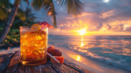 Summer vacation vibes with a refreshing cocktail placed on a wooden table against the backdrop of a sunset beach scene - obrazy, fototapety, plakaty