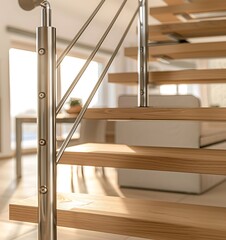 Close up of a modern staircase with wooden steps and a stainless steel handrail in an open plan...