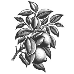 lemon tree branch, featuring ripe lemons among lush leaves sketch engraving generative ai raster illustration. Scratch board imitation. Black and white image.