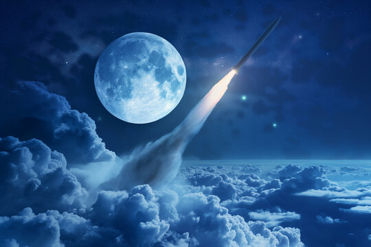 military missile arrack breakthrough the clouds in the night sky with the moon for ballistic rockets and air defense systems concepts.