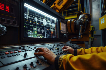 Selective focus hand of worker in a heavy industry setting operates a robotic arm using a control panel, human expertise and advanced robotics technology.