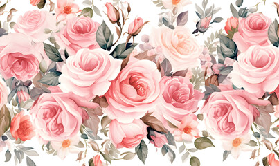 White and pink roses pattern, watercolor, Generative AI 