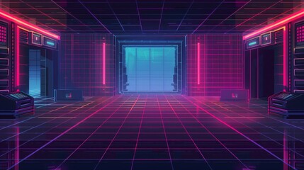 Retro background, neon glow light lines design on perspective floor, 3d technology abstract neon light background. Retro game pink color