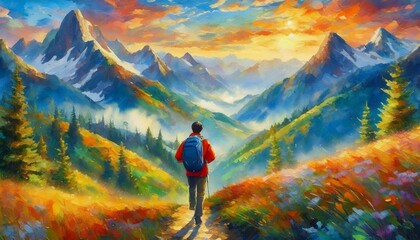 Illustrations of hiking trekking mountains, surrounded by vibrant colors of nature, oil painting