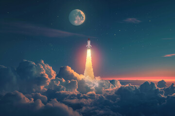space shuttle launch breakthrough the clouds in the night sky with the moon, for space exploration astronomy.