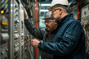 Fototapeta na wymiar Two Electrical Engineer working discussion front control panel in service room.