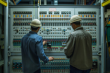 Two Electrical Engineer working discussion front control panel in service room.