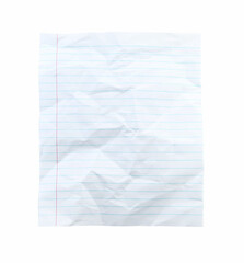 Crumpled lined notebook sheet isolated on white, top view