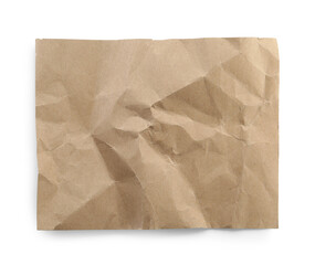Crumpled kraft notebook sheet isolated on white, top view