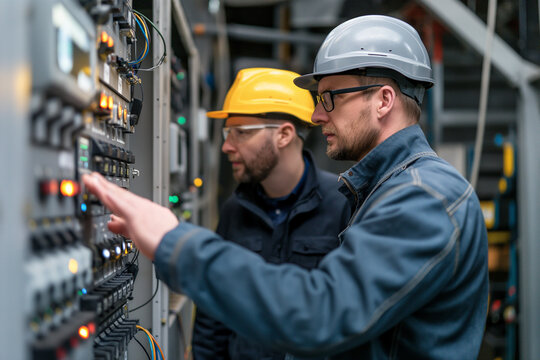 Two Electrical Engineer working discussion front control panel in service room.