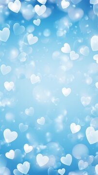 Light sky blue background with white hearts, Valentine's Day banner with space for copy, sky blue gradient, softly focused edges, blurred
