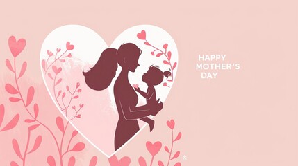 Happy Mother's Day vector illustration with a pink heart and a mother silhouette holding a baby. Combined with the text 