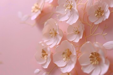 A closeup of a bunch of white and pink cherry blossoms with a pink background.