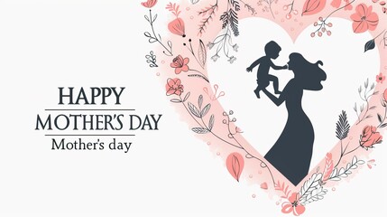 Fototapeta na wymiar Happy Mother's Day vector illustration with a pink heart and a mother silhouette holding a baby. Combined with the text 