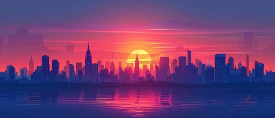 Fototapeta premium Illustration of a cityscape at sunset in a flat, minimalistic style that captures the essence of the urban landscape in a simple and elegant way.