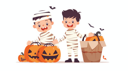 Little boy in Mummy costume with pumpkin basket 