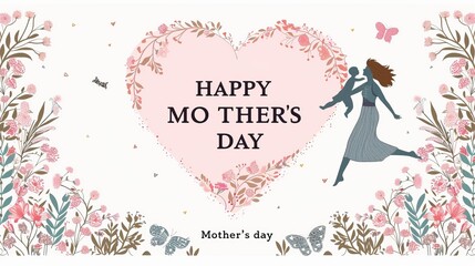 Fototapeta premium Happy Mother's Day vector illustration with a pink heart and a mother silhouette holding a baby. Combined with the text 