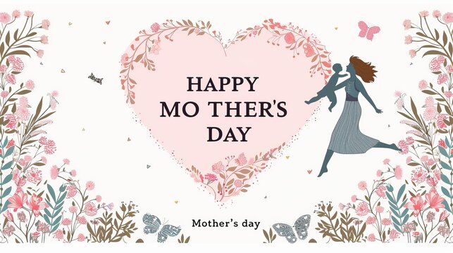 Happy Mother's Day vector illustration with a pink heart and a mother silhouette holding a baby. Combined with the text "Happy Mother's Day" Banner. Happy Mother's day Image.