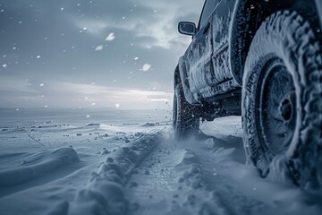 Rugged SUV braving a snowy terrain at dusk, showcasing the effectiveness of winter tires