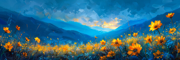 An artistic impression of vivid yellow wildflowers set against a dramatic blue mountainous landscape under a golden sky