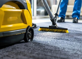 Close up of a professional carpet cleaning machine in action on grey carpet