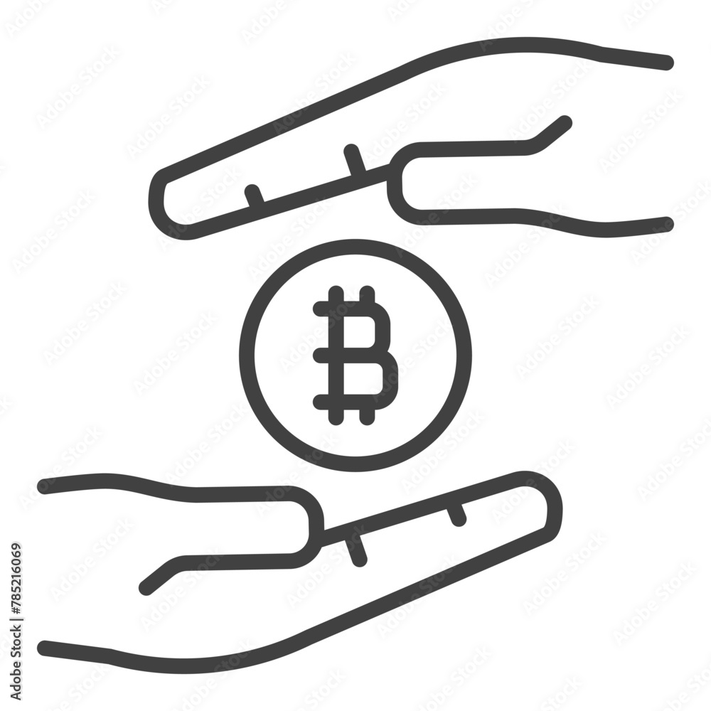 Poster hands with bitcoin coin vector cryptocurrency icon or sign in outline style