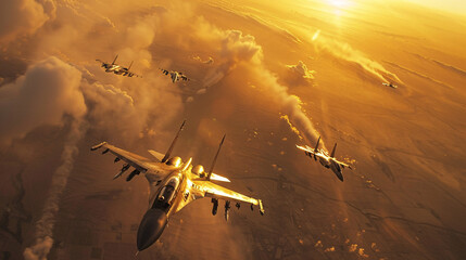 Formation of Fighter Jets in Aerial Maneuver
F-16 Fighter Jet Releasing Flares at Dusk
Military Aircraft in Combat Simulation at Sunset