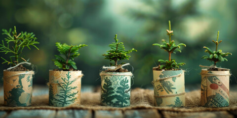 Tiny Trees in Handmade Pots Depicting Growth and Sustainable Living Concepts