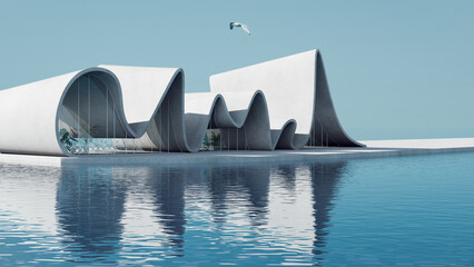 Modern wavy buildings on a waterfront. 3D render of futuristic architecture with reflections on water surface. Serene landscape with ocean view