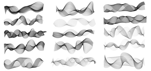 A large set of abstract smooth wavy line blends isolated on a white background. Dynamic wave line blend for design element. Abstract twisted curve lines with blend effect.