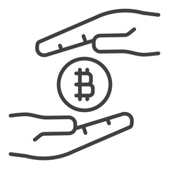 Hands with Bitcoin coin vector Cryptocurrency icon or sign in outline style