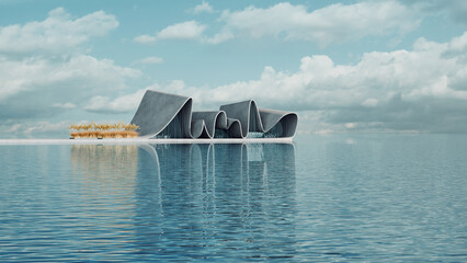 Modern wavy buildings on a waterfront. 3D render of futuristic architecture with reflections on water surface. Serene landscape with ocean view