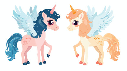 Little winged pony and unicorn Flat vector isolated